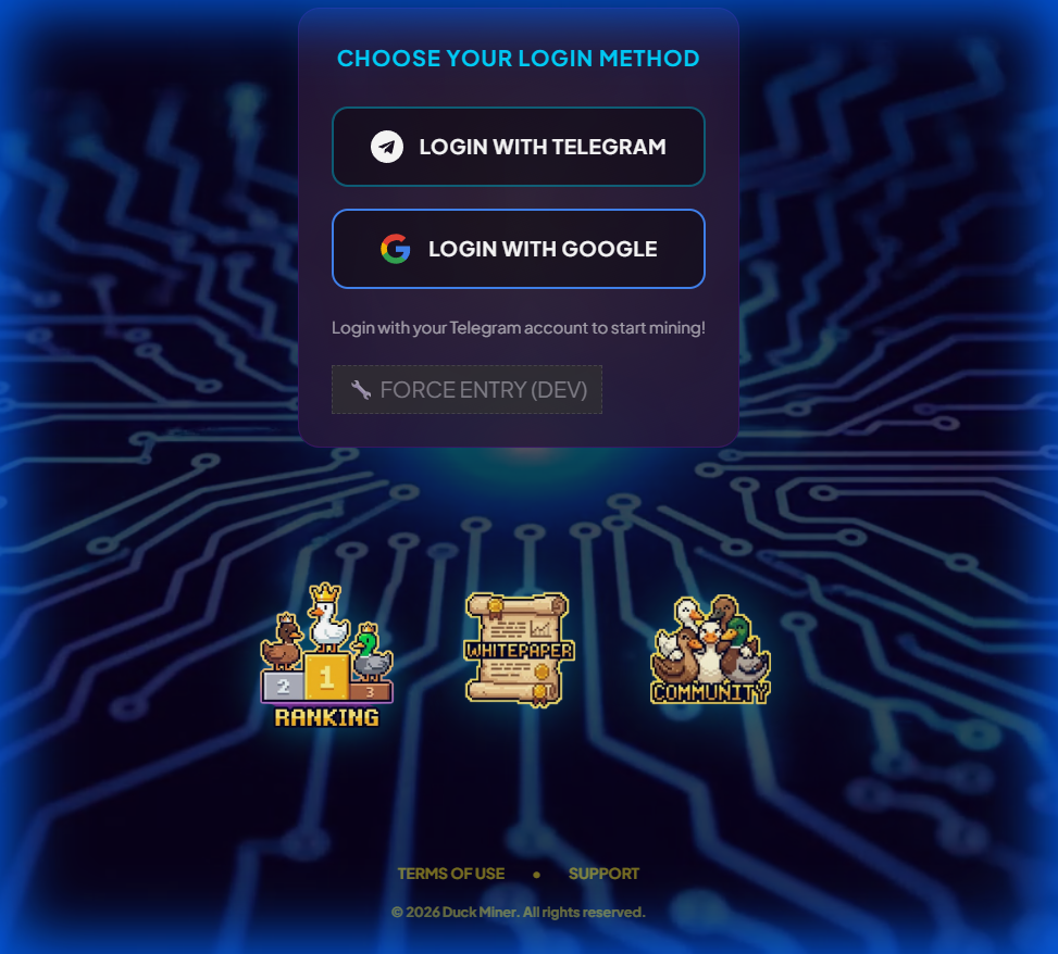 Duck Miner Login Screen